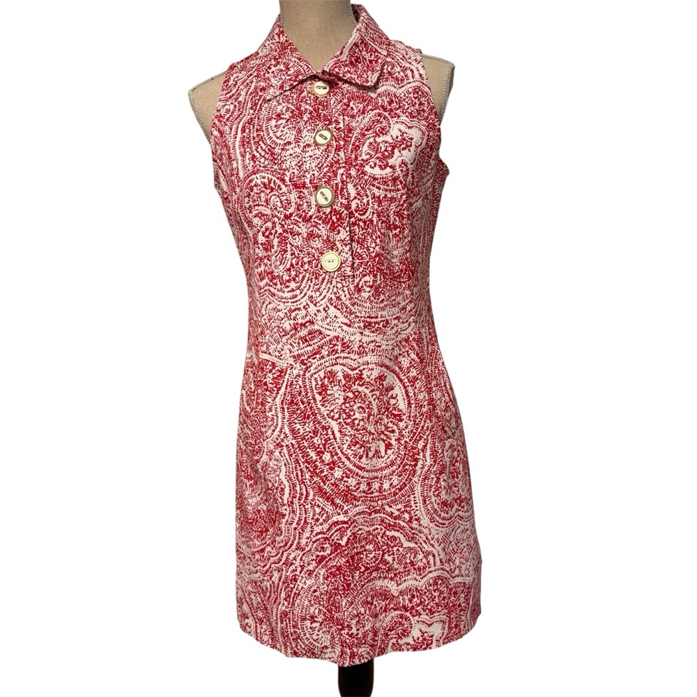 SARA CAMPBELL DRESS SHEATH MINI RED WHITE SLEEVELESS COLLAR USA SIZE 6